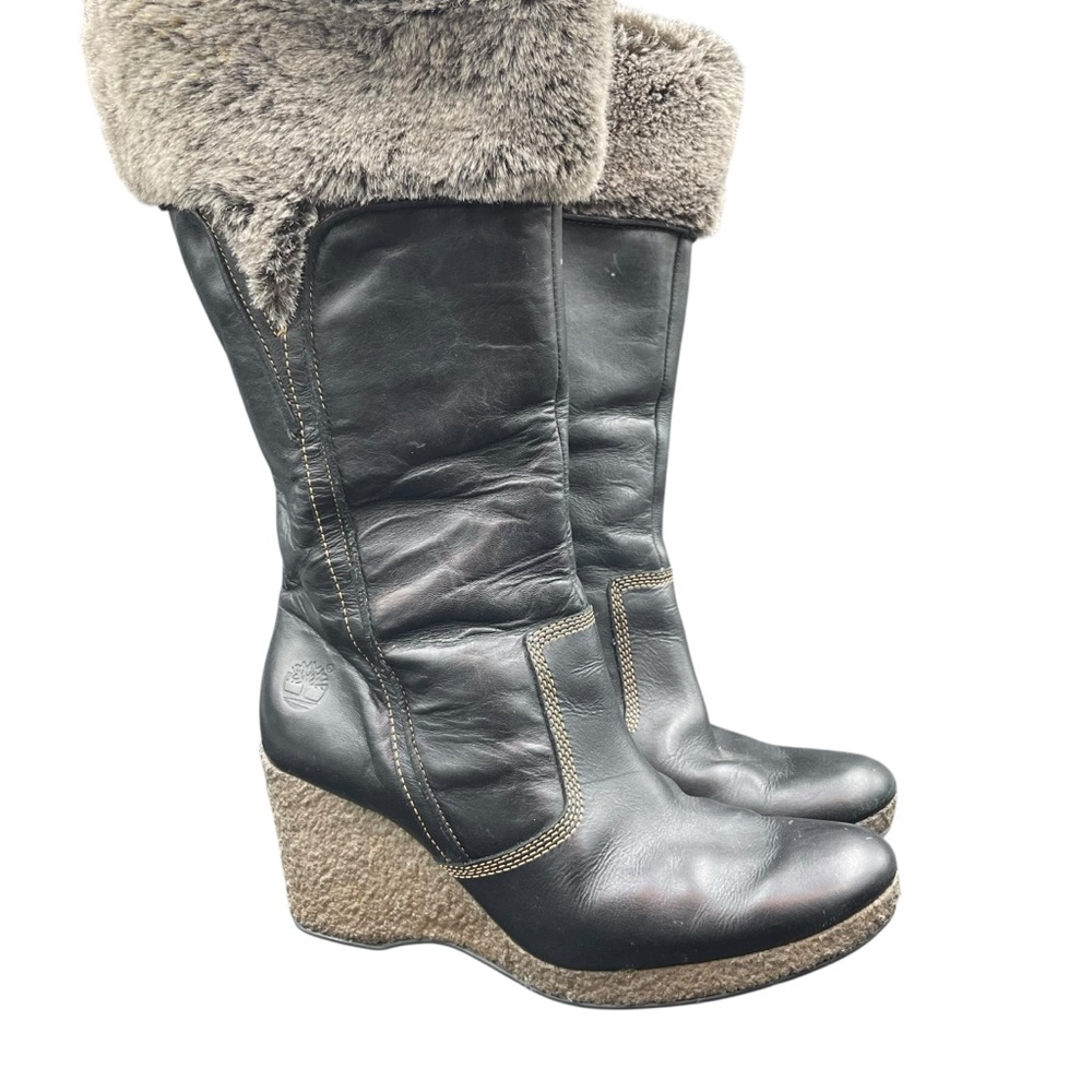 Timberland Monogram Tall Boots Women’s 8.5 M Black Wedge Distressed Leather